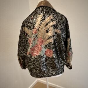 80s Retro Floral Metallic Zip Lightweight Jacket Black Gold Pink Reversible